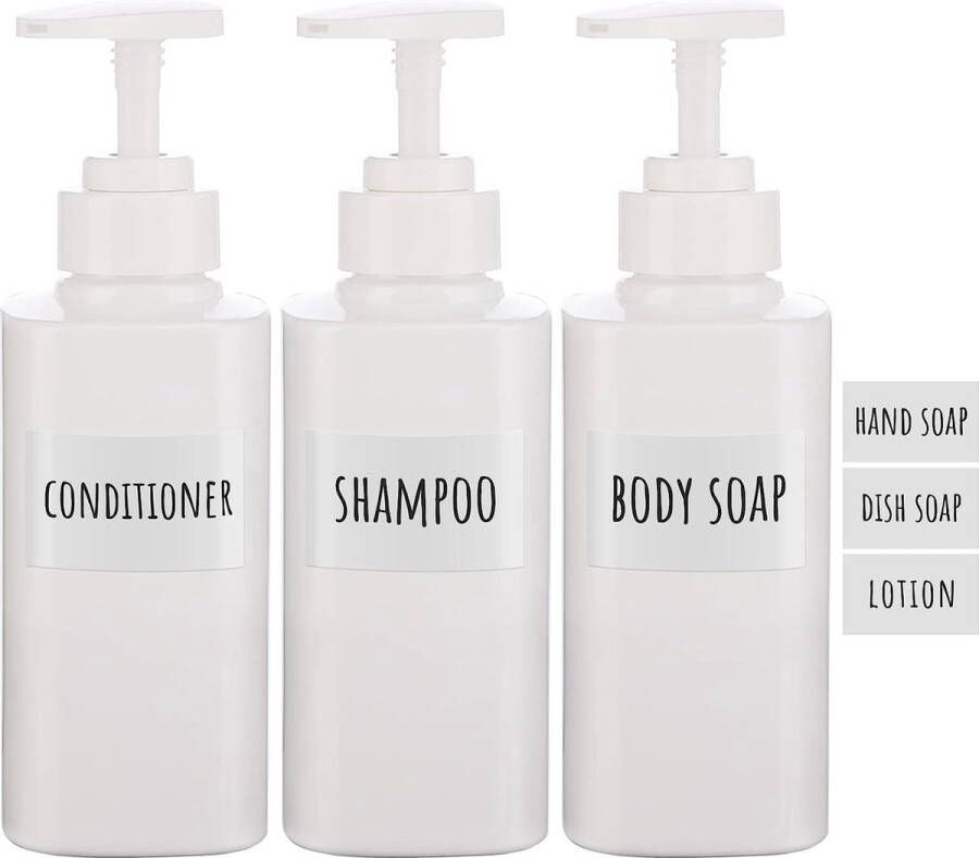Zeepdispenser met etiketten 3 stuks 300 ml shampooflessen kunststof navulbare shampooconditioner lotion handzeep fles voor keuken en badkamer wit
