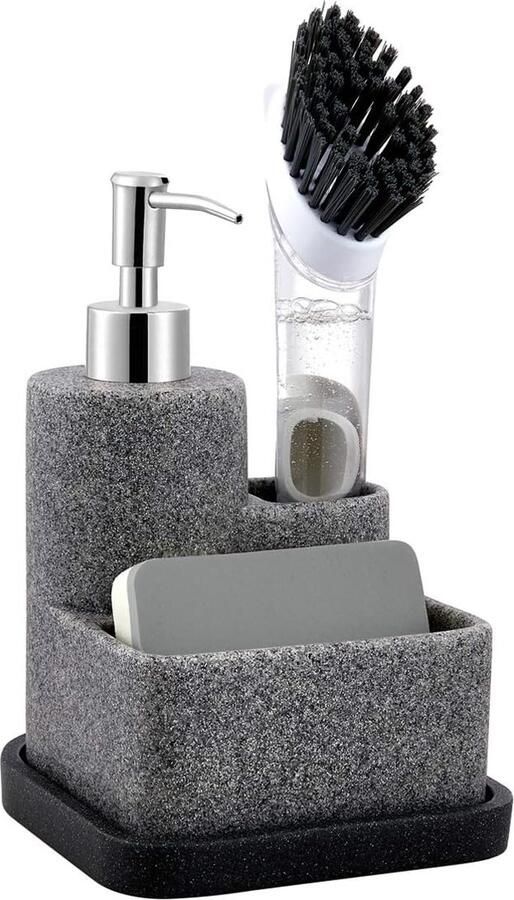 Zeepdispenser met sponshouder en borstelhouder pompset voor vloeibare handzeepdispenser gootsteenorganizer caddy voor sponsborstel scrubber verwijderbare lade