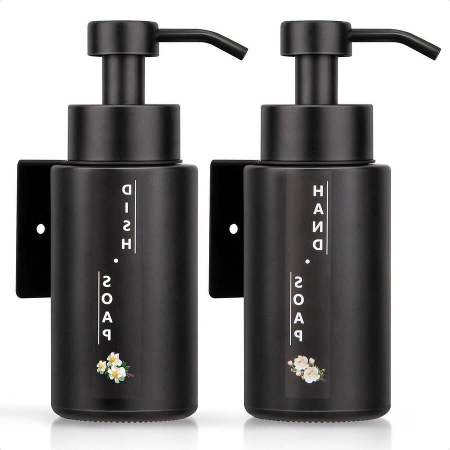 Zeepdispenser wandmontage 2 Set Glas 300ML-Handzeepdispenser Wand Roestvrij Staal Pomp en Beugel Fles Muur Badkamer Keuken Mat Zwart zeepdispenser wandmontage