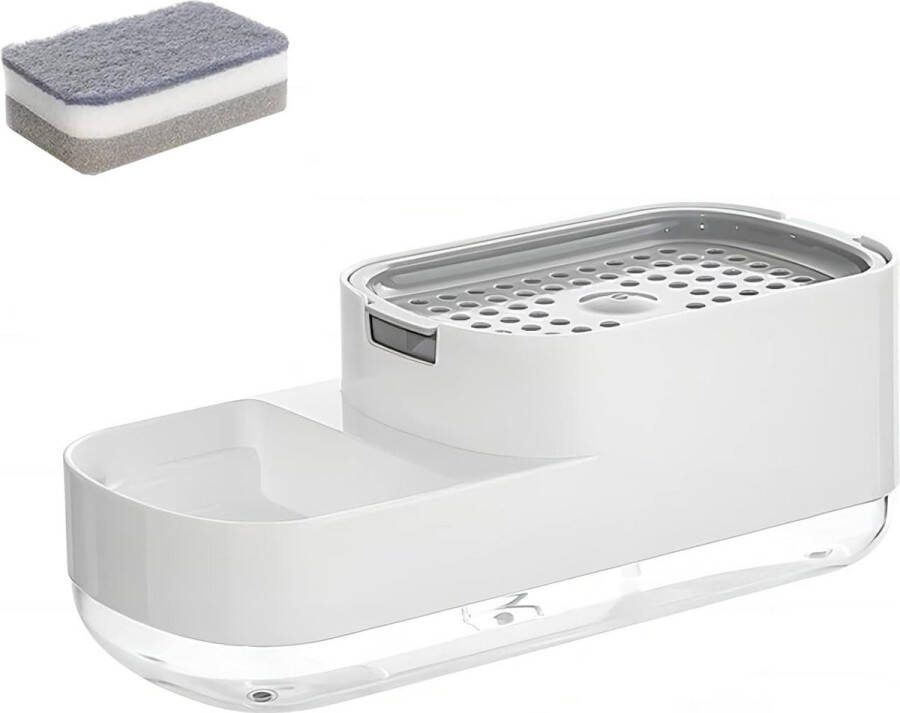 Zeeppomp 2 In 1 Sponshouder Zeepdispenser Afdruiprek Inclusief Spons ABS Aanrecht Push-Type Keukenaccessoire Gootsteen Gadgets Gootsteen Organizer Aanrecht Organizer Zeeppompje De Afwas Doen Schoon Zeer Praktisch!
