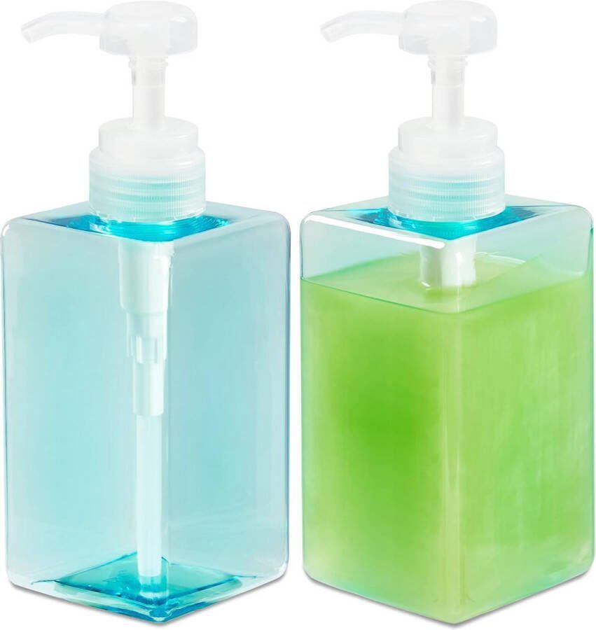 Zeeppompje-PETG 2 stuks- Zeepdispensers Zeeppompje vrijstaand Transparant blauw- Keuken Badkamer Toilet- 450mL-Shampoo douchegel dispenser