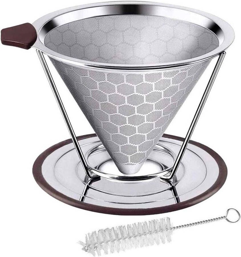Zeer nauwkeurige herbruikbare koffiefilter van roestvrij staal 304 voedselveilig met dubbel gaas siliconen handvat (A)