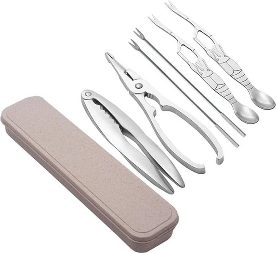 Zeevruchten tool sets- Zeevruchten opener tool kit- Schaaldieren set met opbergdoos- 2 Stuks kreeftencrackers- 4 stuks zeevruchten vorken plectrums- Roestvrijstaal