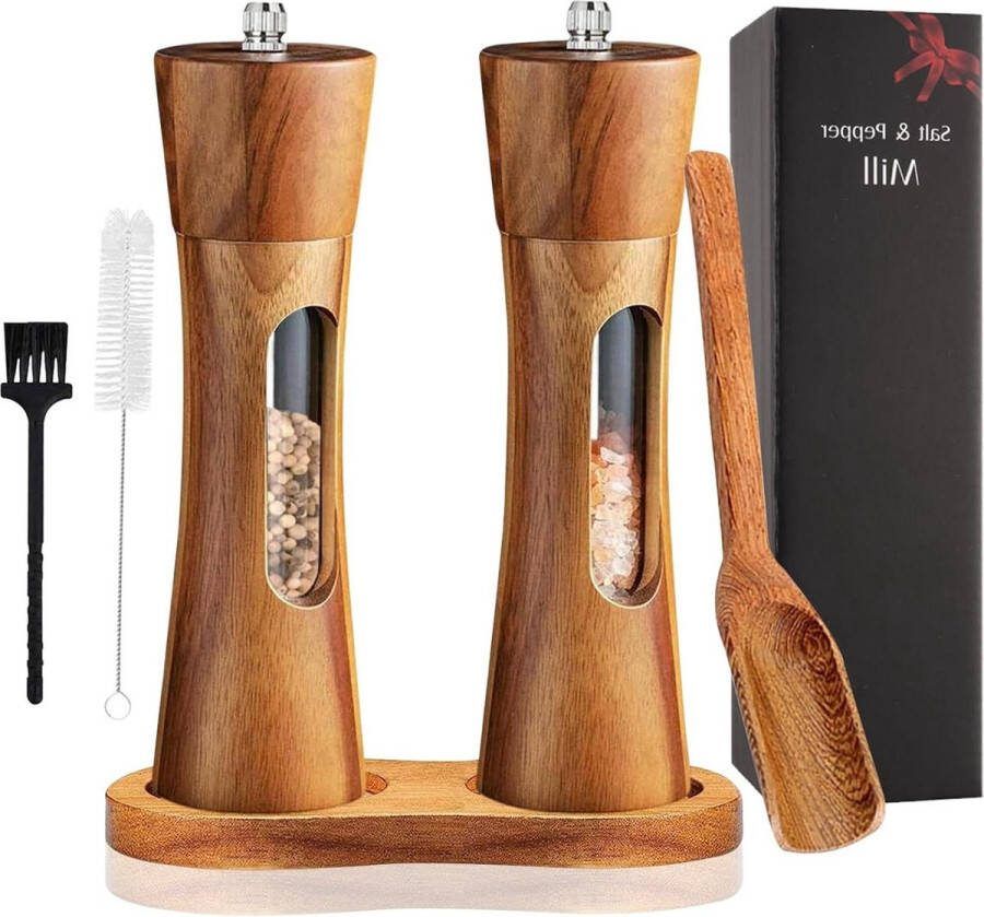 Zeezout pepermolen chili hout groot 20cm instelbaar set van 2 peper en zoutmolen kruidenmolen met keramisch maalwerk inclusief reinigingsborstel sokkel lepel