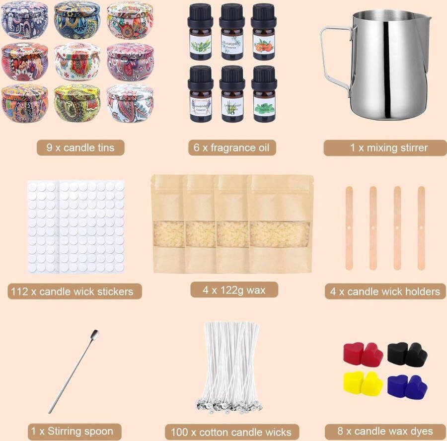 Zelf kaarsen maken doe-het-zelf kaarsenmaakset voor beginners kerstkaarsen geschenken 480 g was 9 kaarsenblikjes 100 kaarslonten 112 lontstickers 6 etherische oliën 8 kleurblokken