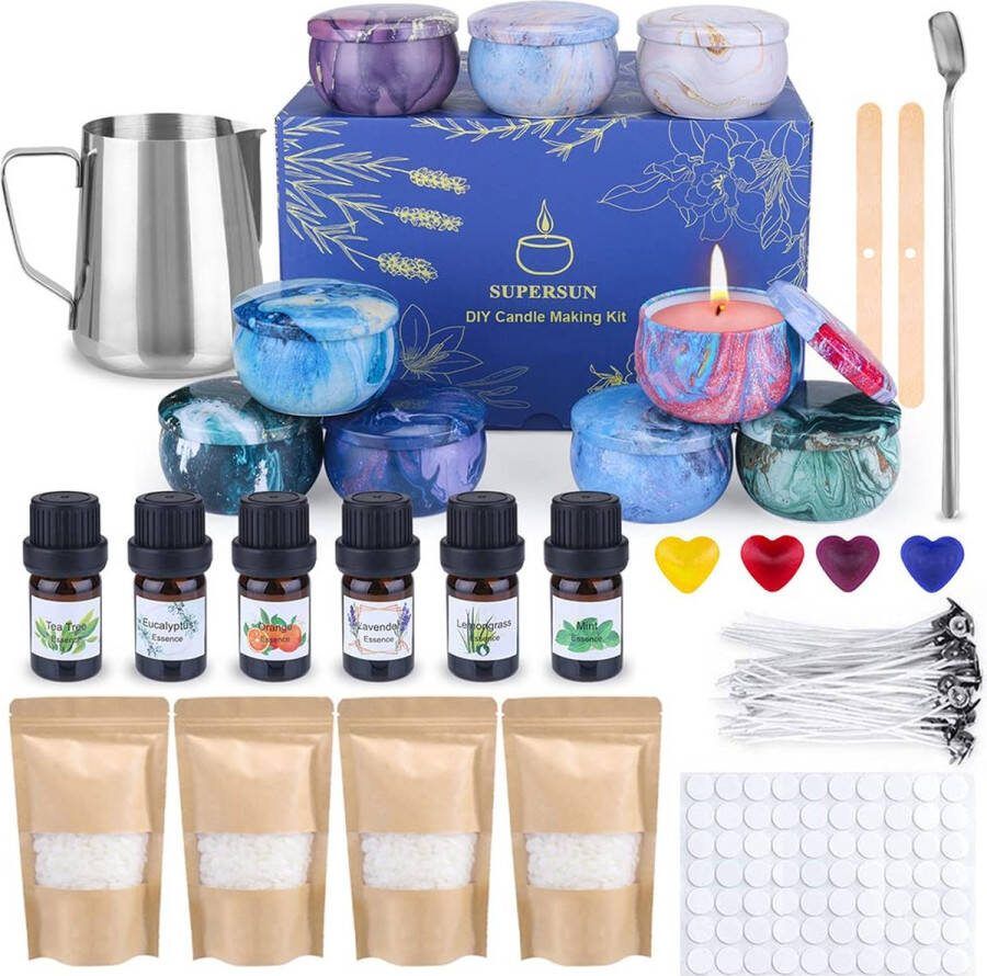 Zelf kaarsen maken kaarsen maken accessoires geurkaars geschenken met 6 etherische olie kaarslonten 4 x 120 g bijenwas 9 blikjes kaarsen gietset lonthouder lontstickers en roerlepel