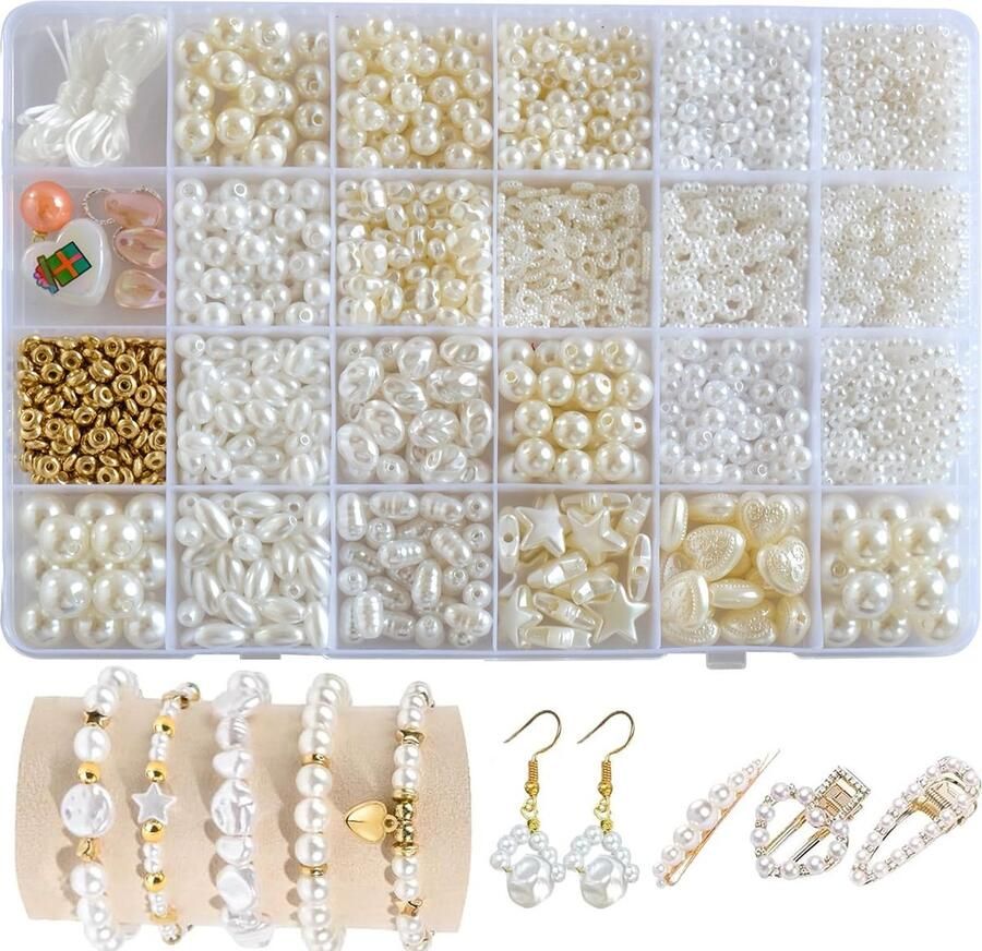 Zelf sieraden maken witte parels om te rijgen kunstparels voor het maken van sieraden losse kralen sieradenet ronde sieradenkralen wit ovaal parelketting DIY hobbypakket voor volwassenen en kinderen