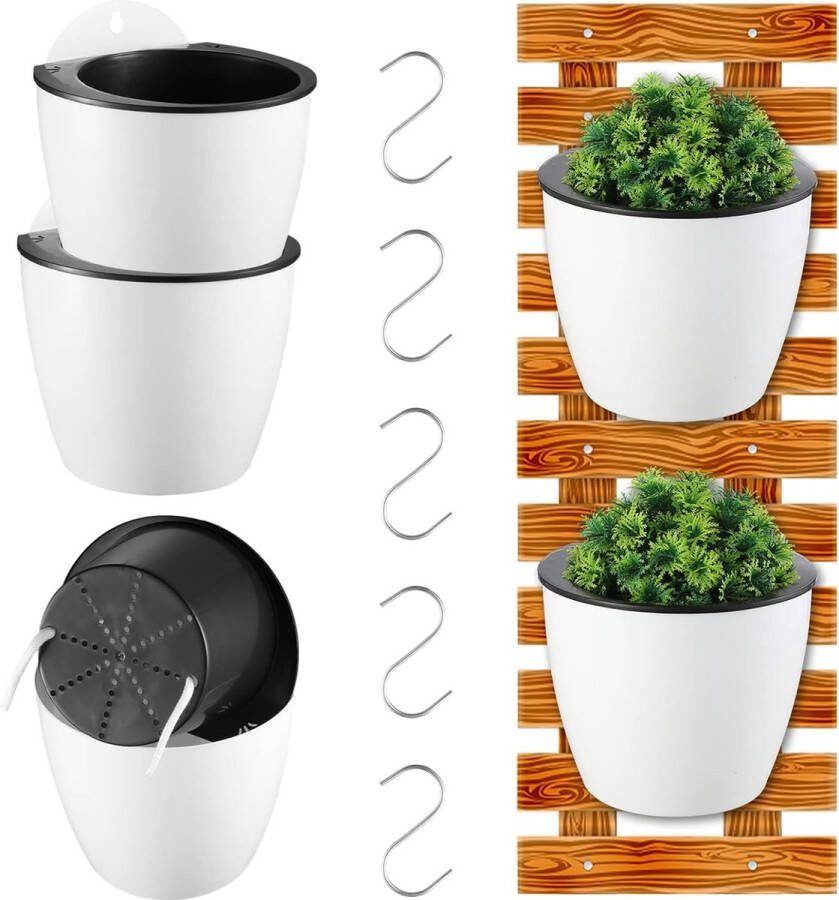 Zelfabsorberende bloempot 5 stuks met haken hangende bloempot zelfbewaterende bloemenemmer automatische irrigatieplant voor balkon tuinhek muur rek