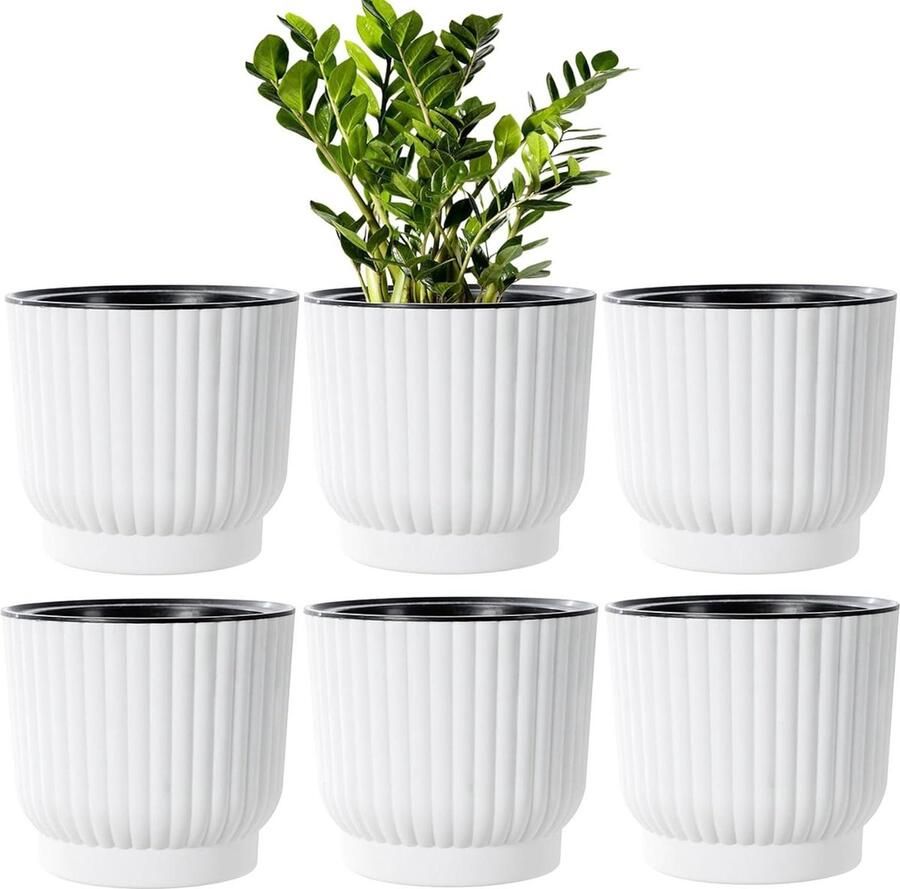 Zelfbewaterende bloempot 15 cm kunststof ronde plantenpot irrigatiesysteem wit voor kamerplanten en kruiden