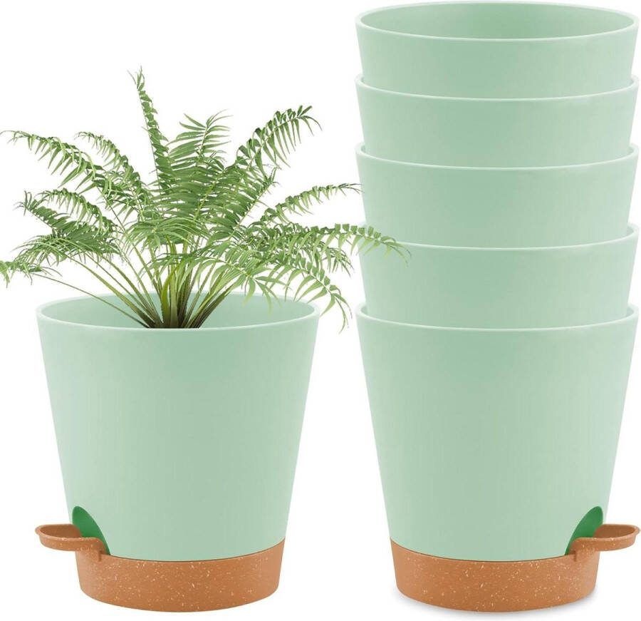 Zelfbewaterende Kunststof Plantenpot Set van 6 Bewateringssysteem Ronde Plantenbakken Binnen en Balkon Tuinplanten Vetplanten 14 cm Groen
