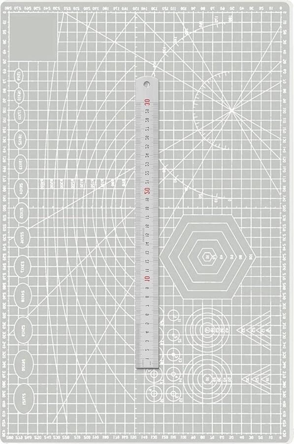 Zelfherstellende snijmat grijs 2 mm dik knutselonderlegger 45 cm x 30 cm stalen liniaal