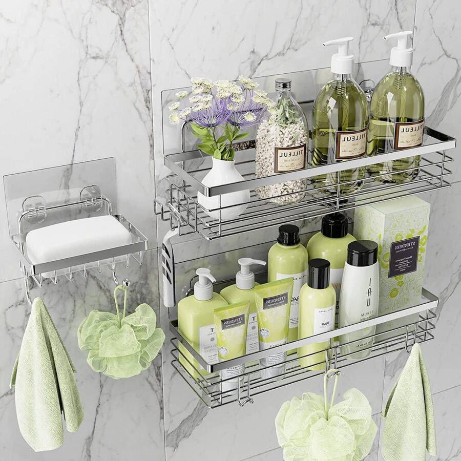 Zelfklevende douche Caddy zeepbakje houder plank met 5 haken badkamer organizer mand wandmontage roestvrij staal 3 stuks zilver opbergrek inklapbaar
