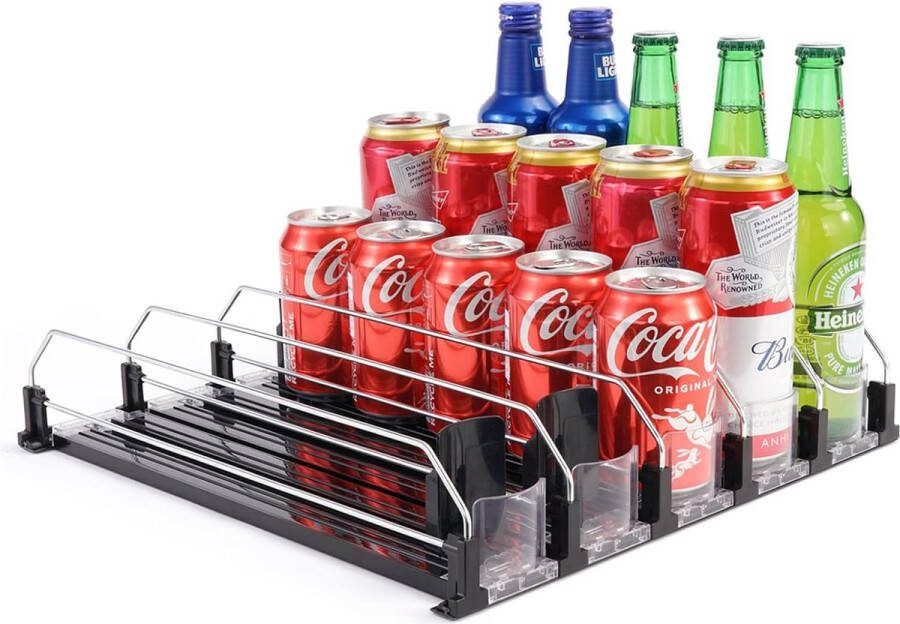 Zelfschuifbare drankblikjesorganizer voor koelkast drankdispenser automatische blikjesdispenser veerbelasting 5-rijdispenser gemonteerd bevat 25 blikjes zwart