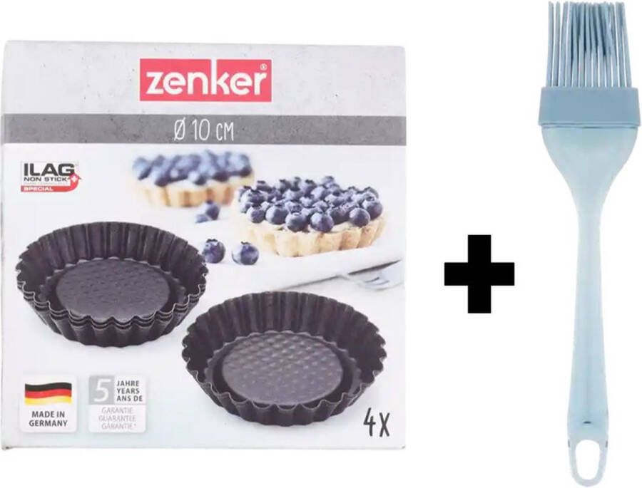 Zenker taartvormen + siliconen bakkwast combi deal bakvorm 10 cm 4 stuks zwart blauw grijs