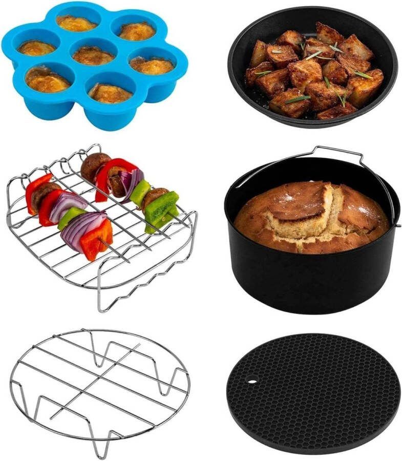 Zesdelige accessoireset voor 3.5 liter Heteluchtfriteuse bakvorm pizza pan grillrooster dampenrek siliconenmat muffinvorm