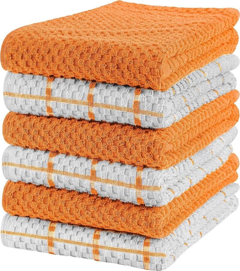 Zesdelige Set Superabsorberende Katoenen Theedoeken voor Keuken in Oranje en Wit