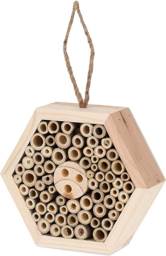 Zeshoekig houten insectenhotel voor tuin en balkon om op te hangen HBD 15 x 17 x 5 cm insectenhuisje natuurlijke uitstraling