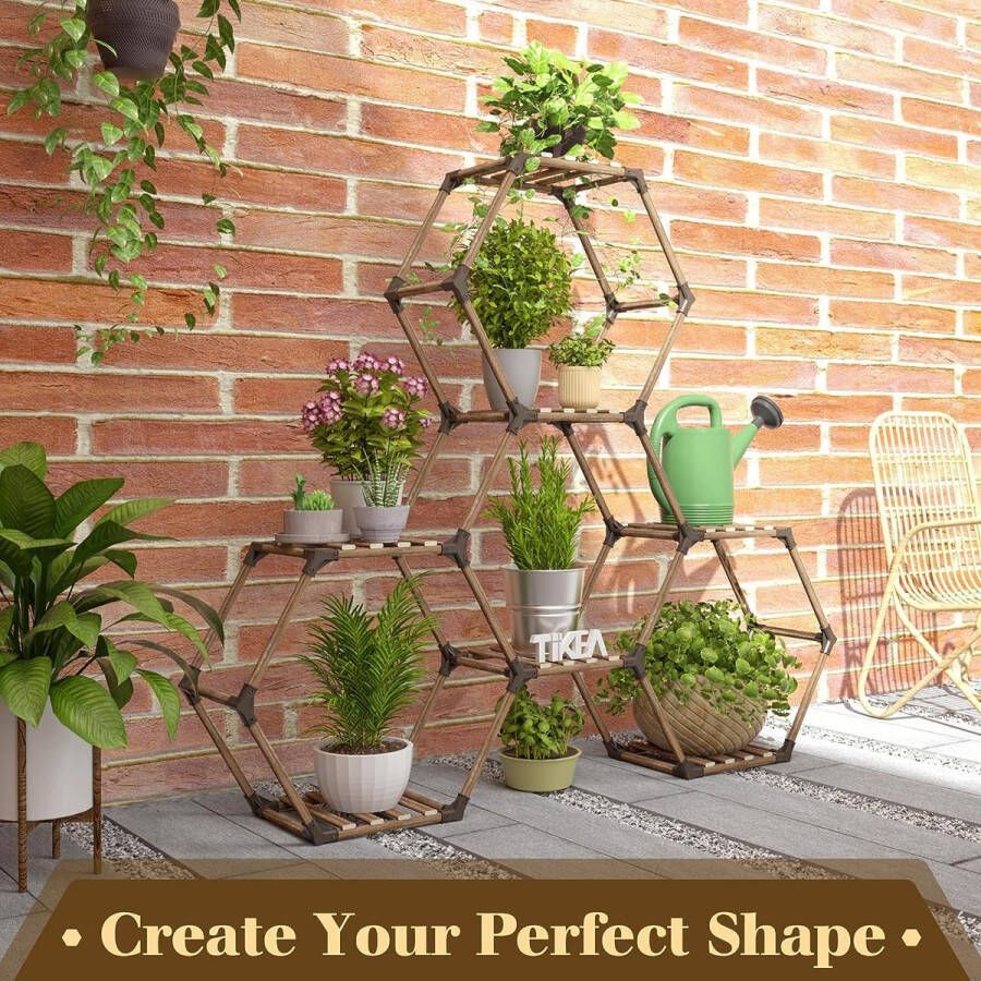 Zeshoekige plantenstandaard voor binnen en buiten hout creatief doe-het-zelf plantenrek bloemenrek voor ramen hoek woonkamer balkon tuin kantoor (7 verdiepingen 141 x 25 x 97 cm)