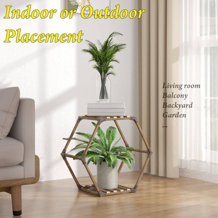Zeshoekige plantenstandaard voor binnen en buiten hout creatief doe-het-zelf plantenrek bloemenrek voor ramen hoek woonkamer balkon tuin kantoor (2 verdiepingen 59 x 25 x 51 cm)