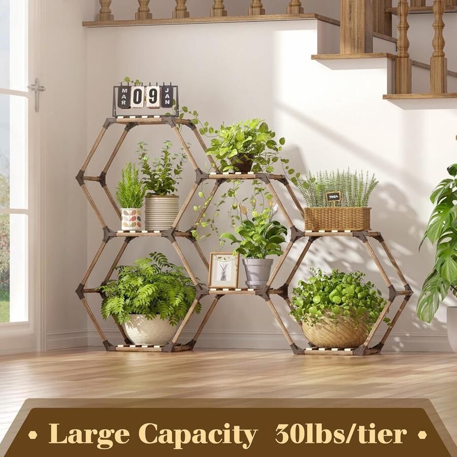 Zeshoekige plantenstandaard voor binnen en buiten hout creatief doe-het-zelf plantenrek bloemenrek voor ramen hoek woonkamer balkon tuin kantoor (7 verdiepingen 141 x 25 x 97 cm)