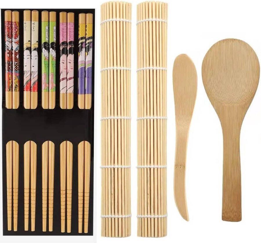 ZFYQ Sushi Set 9 Stuks Bamboe Sushi Making Kit inclusief 2 bamboe matten 5 paar eetstokjes 1 rijstspatel 1 schep