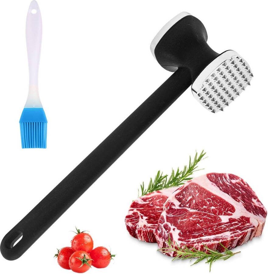 Zilveren vleeshamer met 1 x kruidenborstel dubbelzijdige steakhamer met antiaanbaklaag malshamer vleeshamer van zinklegering vleeshamer voor biefstuk kip varkensvlees kotelet (zilver)