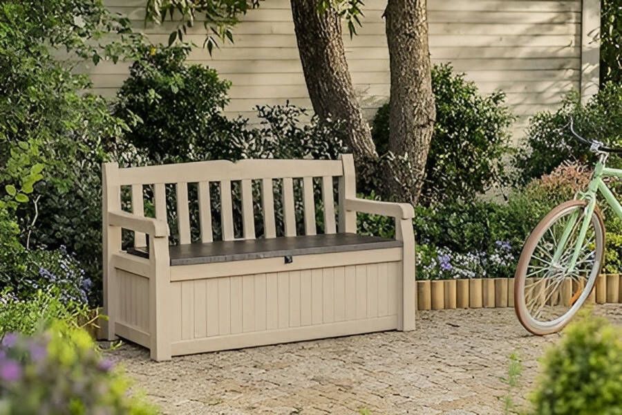Zitbank Eden voor balkon en tuin geïntegreerde kussenbox met 265 l opbergruimte bruin beige 140 x 60 x 84 cm