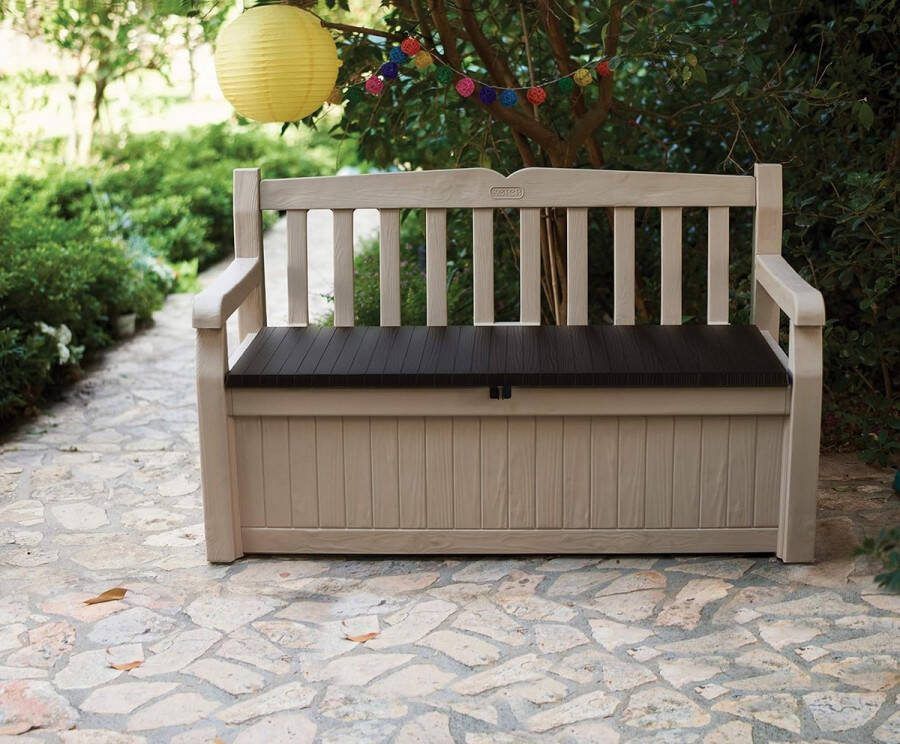 Zitbank Eden voor balkon en tuin geïntegreerde kussenbox met 265 l opbergruimte bruin beige 140 x 60 x 84 cm