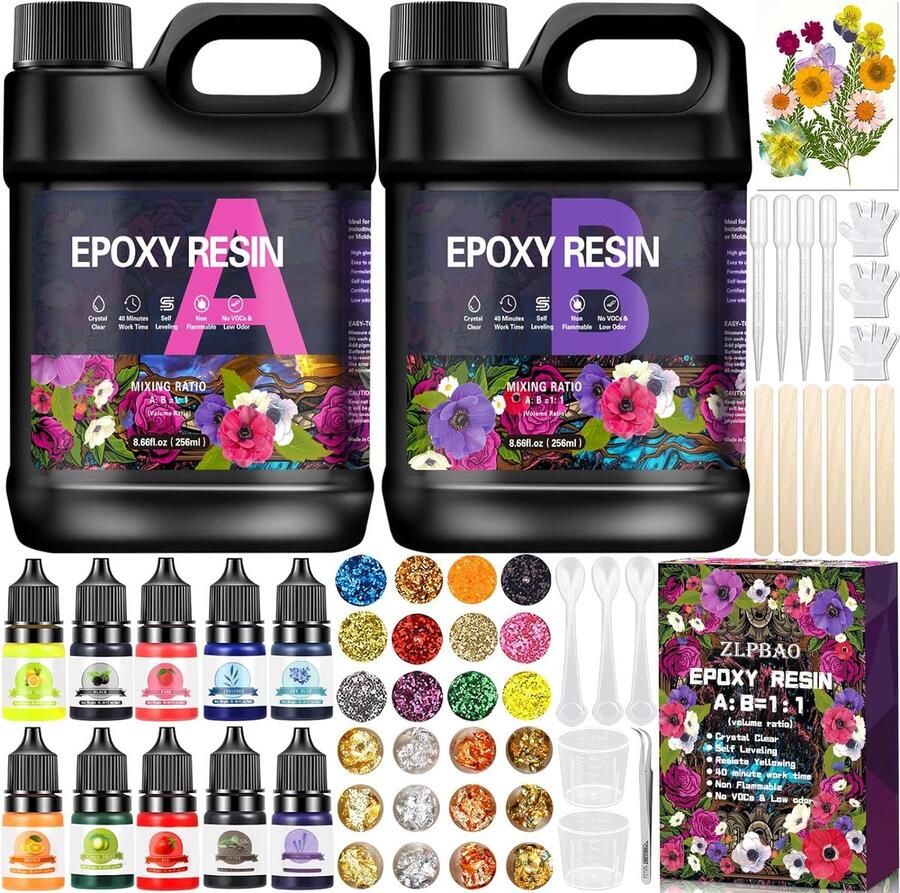 ZLPBAO Epoxyhars set beginners 582 ml epoxyhars glashelder giethars 1: 1 verhouding met epoxyharsverf glitter houten stokjes handschoenen UV LED nagellamp