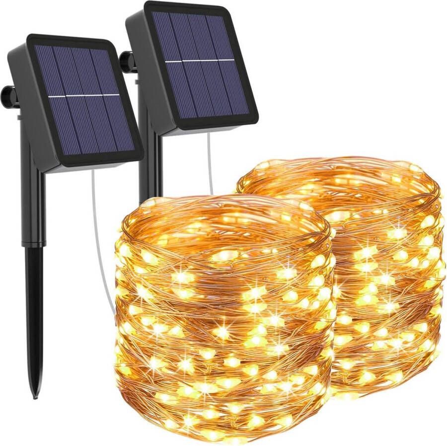 Zonne-energie Aangedreven Feeënlampen voor Buiten [2-Pack] 12m 120 LED Decoratieve Koperdraad Lichtslingers met 8 Modi Waterdicht Geschikt voor Tuin Terras Poort Feest Bruiloft Warm Wit [Energieklasse A+++]