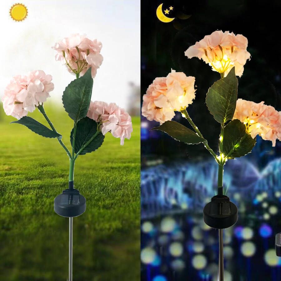 Zonne-energie Hortensia Terraslamp voor Sfeervolle Buitenverlichting -Met dag en nacht sensor-IP55-75 5 cm hoog-roze