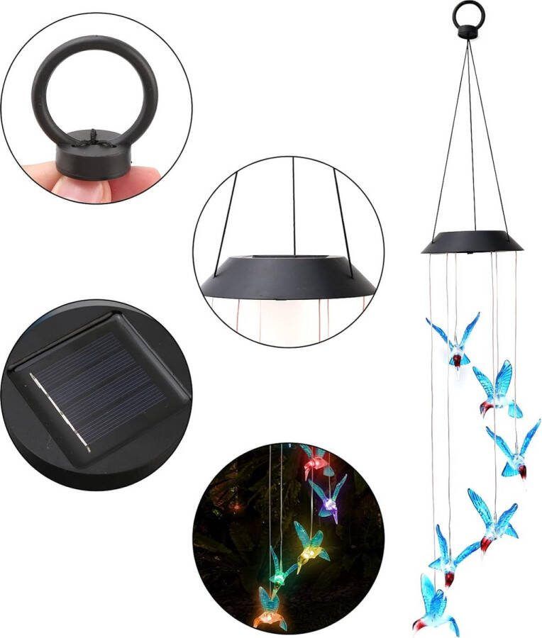 Zonne-windklok 7 kleuren veranderende windgong buiten waterdichte kolibrie LED windgong lichten voor tuin terras decoratie