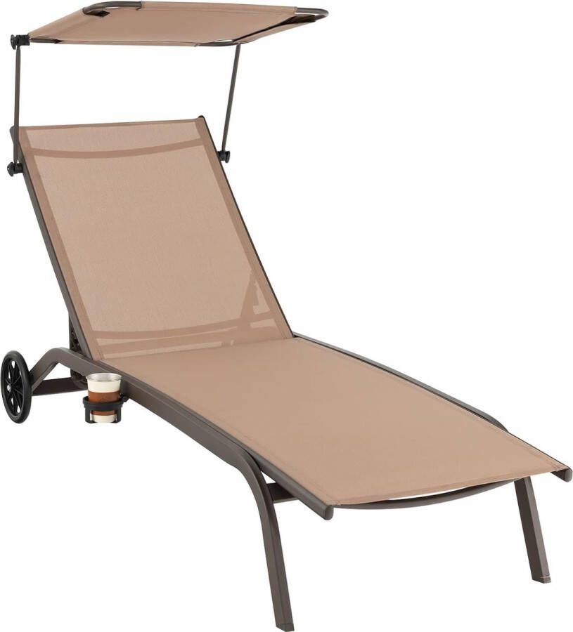 Zonneligstoel met wieltjes dak en bekerhouder ligstoel met verstelbare rugleuning terrasstoel outdoor ligstoel strandstoel voor tuin terras zwembad (bruin)