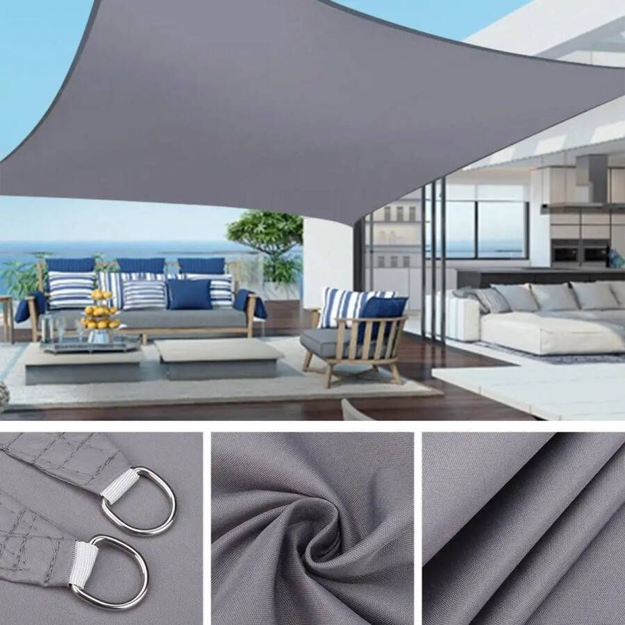 Zonnescherm Zonnedoek 4x3m Polyester Waterbestendig Inclusief Haken aan Uiteindes Grijs