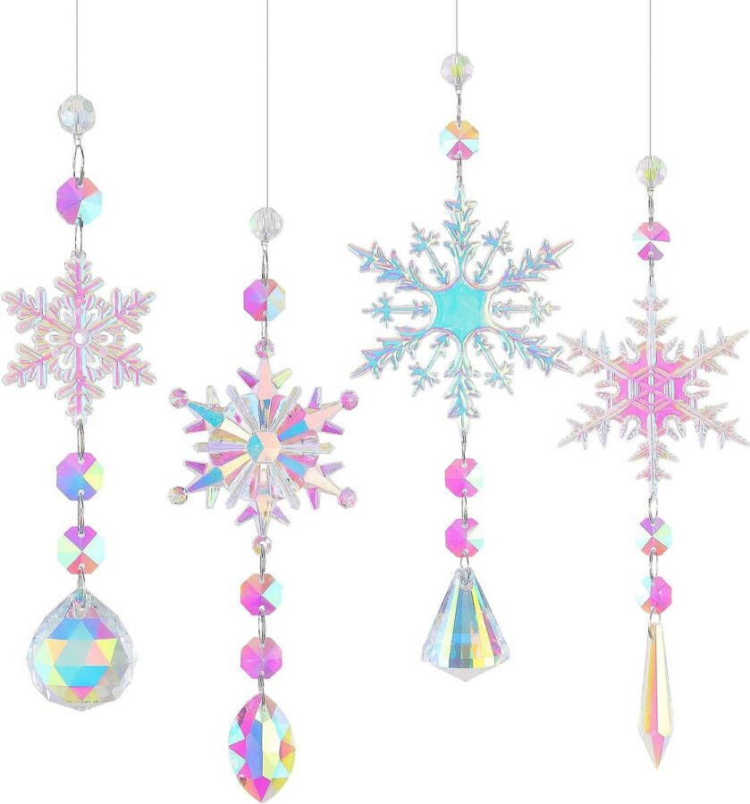 Zonnevanger-kristal windgong 4 stuks sneeuwvlokken kristallen hangers decoratie kleurrijke sneeuwvlokken regenboog zonnevanger kristal raamdecoratie hangend voor thuis kantoor tuin outdoor decoratie