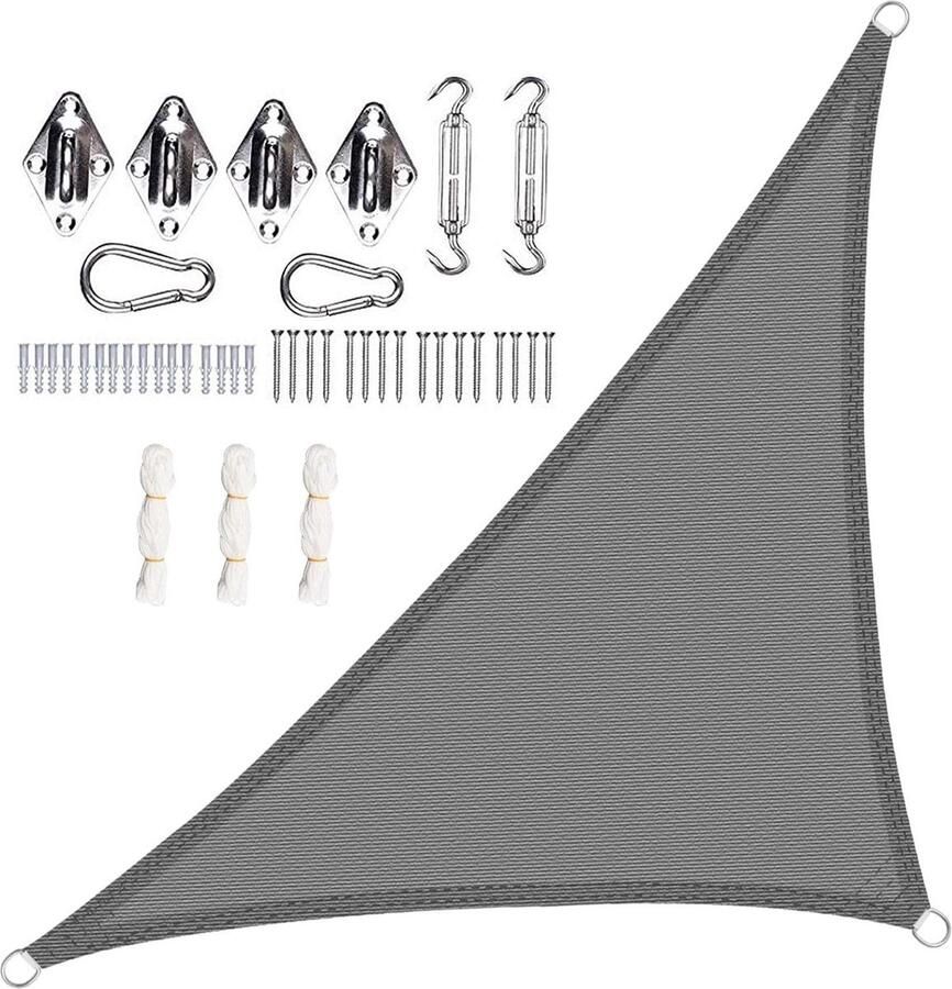 Zonnezeil driehoekig 42 x 42 x 6 m HDPE ademend zonnedak uv-bescherming met bevestigingsset schaduwdoek