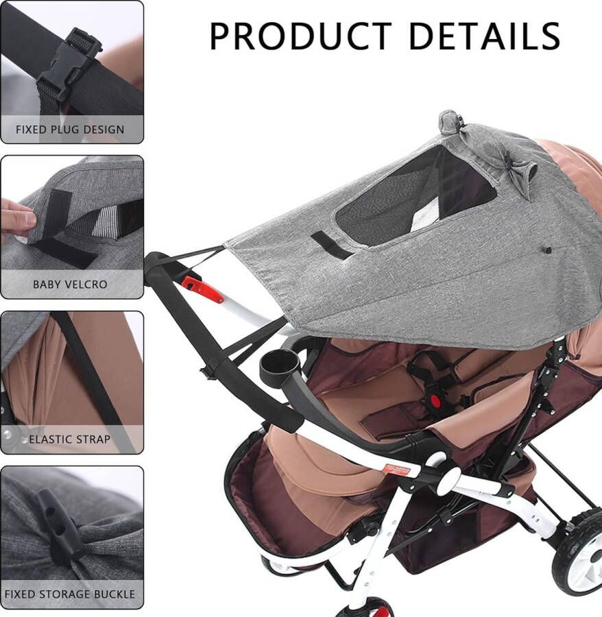 Zonnezeil voor kinderwagen universeel zonnescherm voor kinderwagen met uv-bescherming 50+ verstelbare kinderwagen zonwering met kijkvenster en zijvleugels uv-bescherming voor buggy (grijs)
