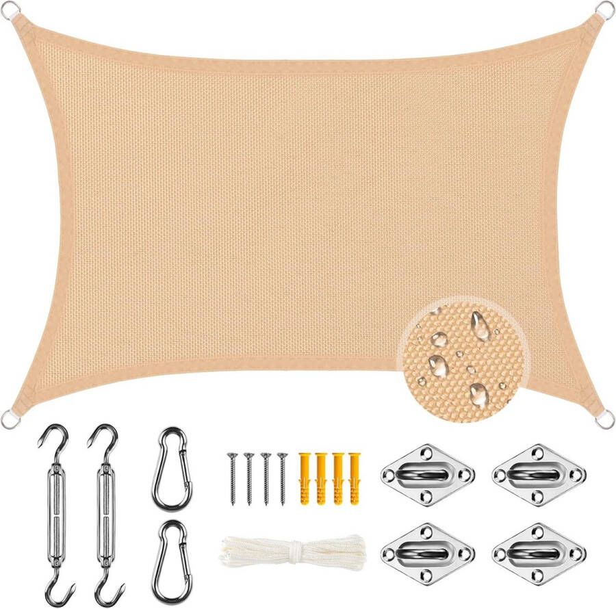 Zonnezeil waterdicht 2 x 3 m rechthoekig + 40 stuks bevestigingsset weerbestendig zonwering balkon terras tuin 95% uv-bescherming 160 g m² hoge dichtheid voor patio pergola (zand)
