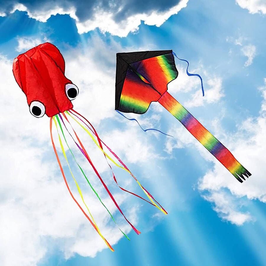 ZoomSky 2-pack vliegers grote Rainbow Delta-vlieger en rode weekdier-octopus met lange kleurrijke staart voor kinderen Buitenspel activiteiten strandtrip