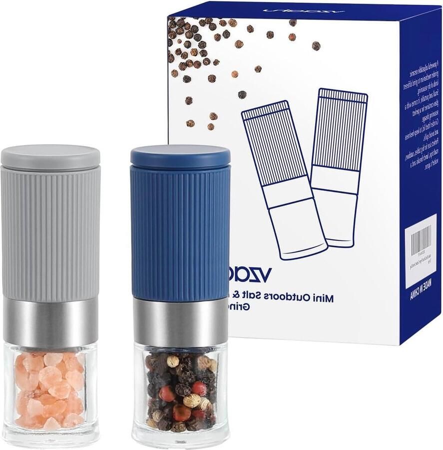 Zout en Peper Grinder Set Keramische Kern Verstelbare Grofheid Grijs en Blauw Draagbaar Hervulbaar Kruidenmolen Miniformaat Zout en pepermolen