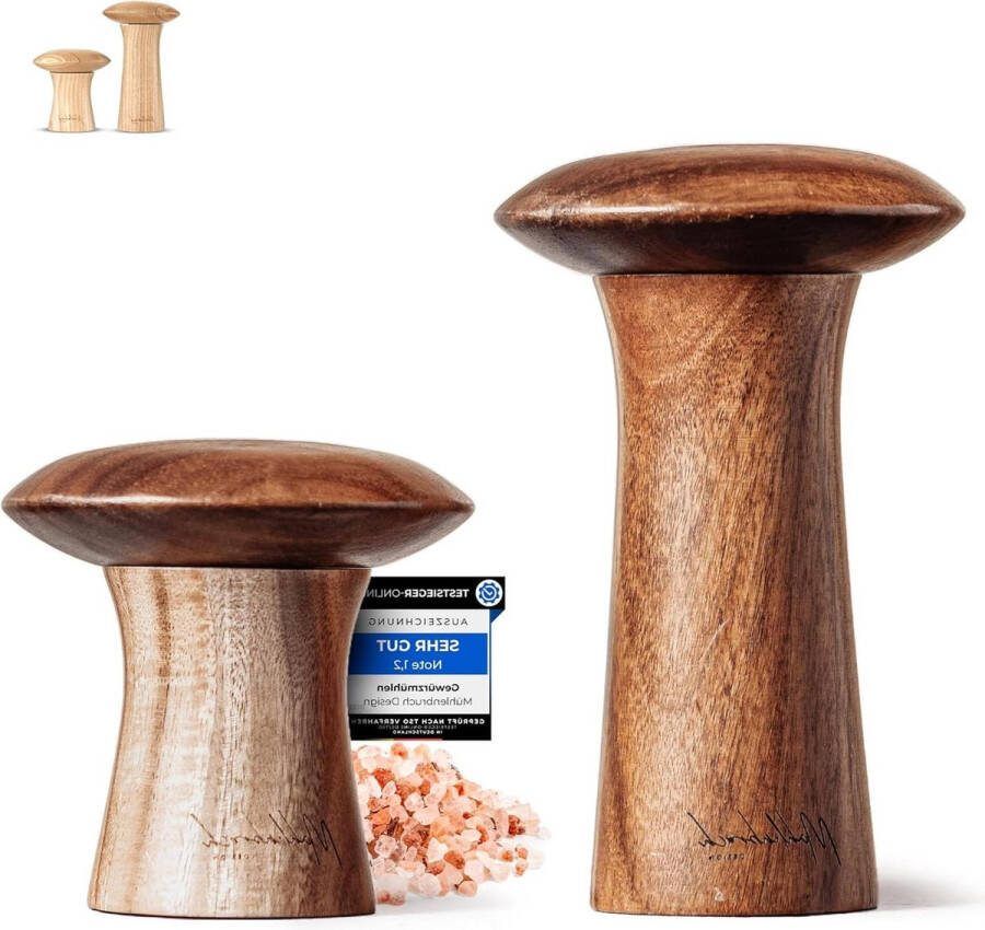 Zout- en pepermolen 15 cm set van 2 handmatige kruidenmolen FSC-hout keramisch maalwerk acacia paddenstoelvorm
