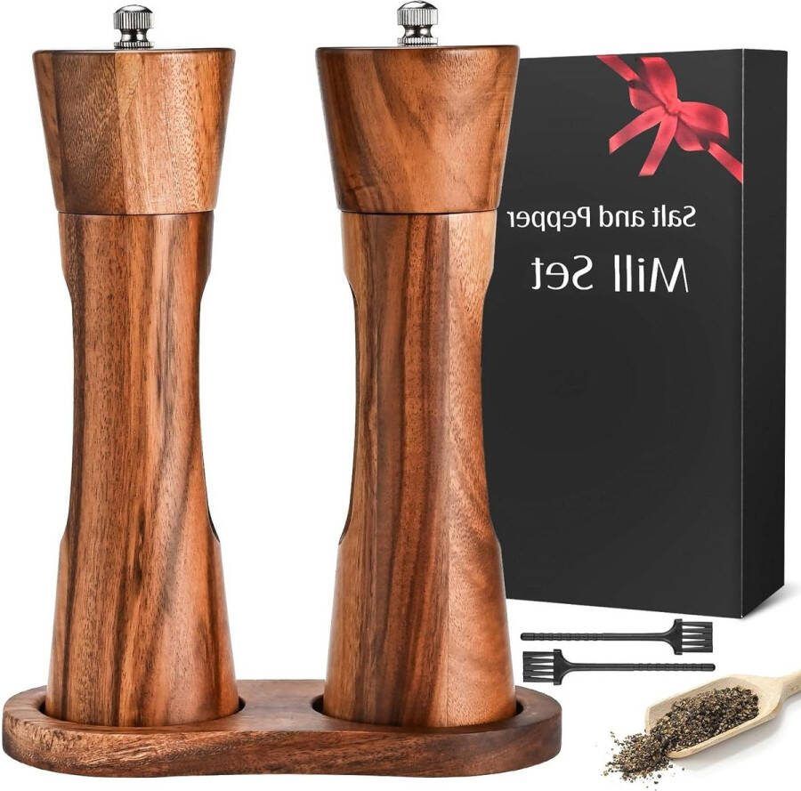 Zout- en pepermolen hout set van 2 20 cm onderzetter reinigingsborstel handmatige keramische molen zoutmolen kruidenmolen peper zout specerijen