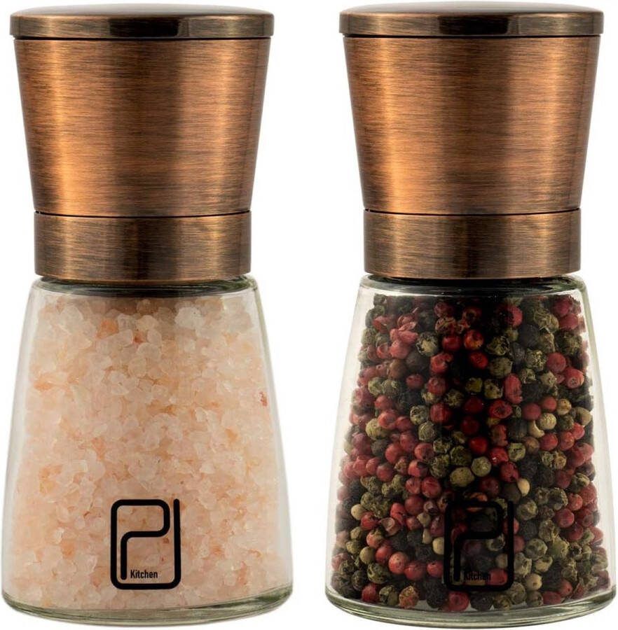 Zout en pepermolen set Premium Zout- en Pepermolen Set Koper Magnetische Deksels Verstelbaar Keramische Molen Koperen RVS Zoutmolen en Pepermolen Met Bamboe Houten Houder