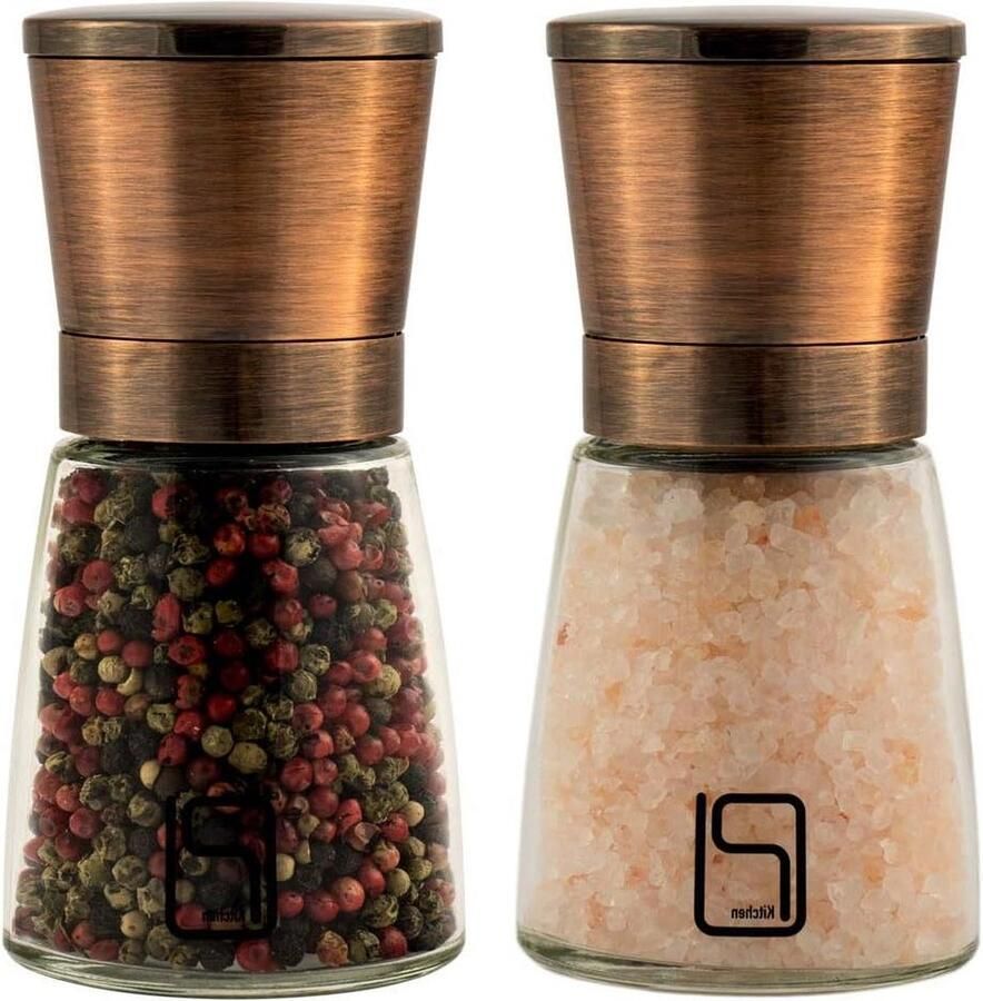 Zout- en Pepermolen Set met Koperen Afwerking Magnetische Deksels Verstelbaar Keramische Molen RVS Bamboe Houten Houder