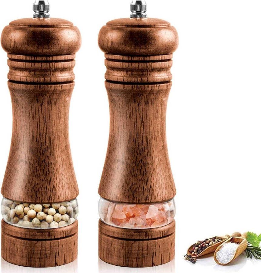 Zout- en pepermolenset premium houten pepermolen met kruidenmolen handmatige zoutmolen met instelbare keramische maalwerk gemakkelijk te vullen en navulbaar (2 stuks)