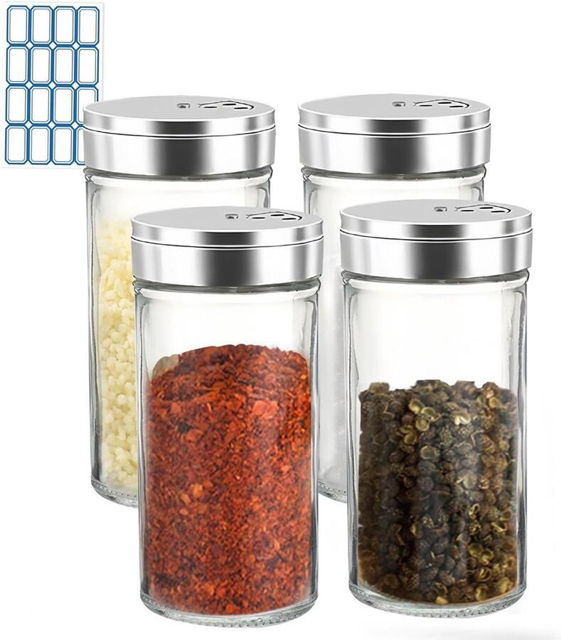 Zout- en peper shakerset 4 stuks met verstelbare gietgaten glazen zoutvaatjes met roestvrijstalen deksels wit en zwart kruidenshakerdispenser voor kruiden Zoutpot