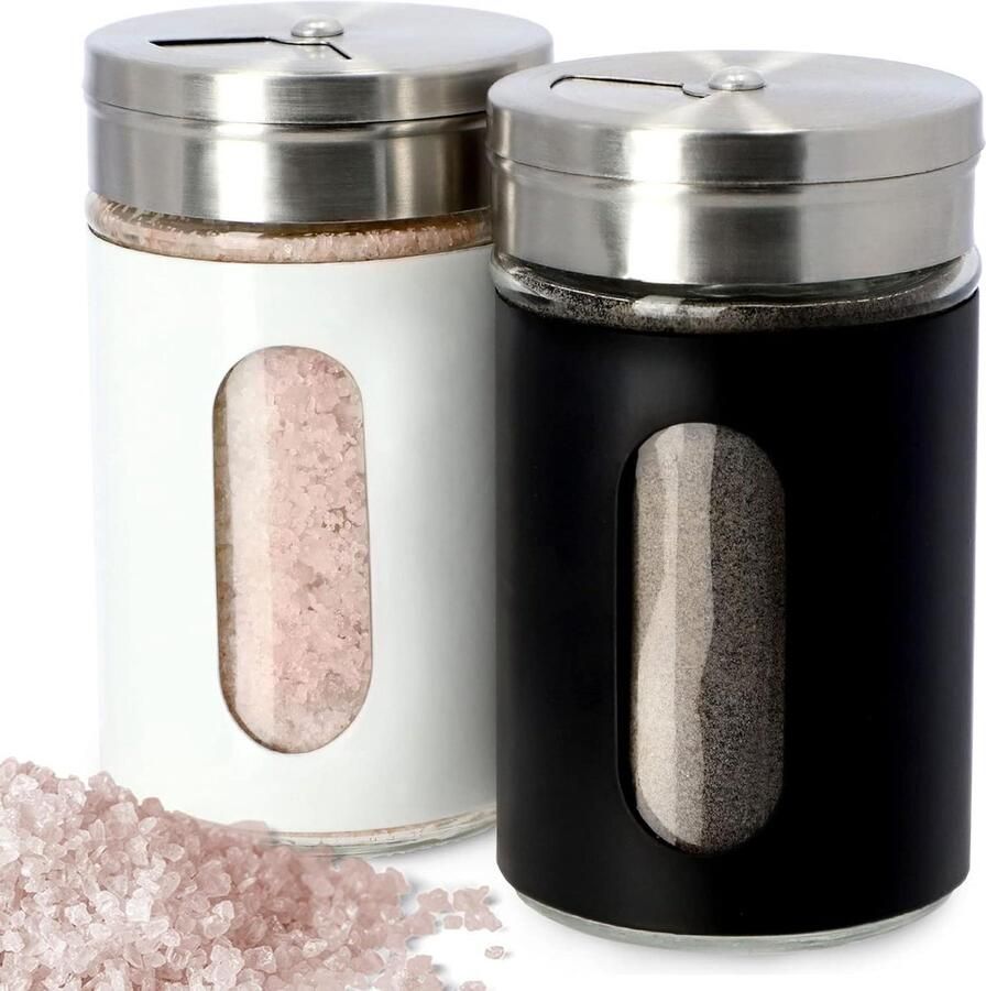 Zout- en peperstrooier set van 2 90 ml glas en roestvrij staal zoutvaatje met deksel kruidenstrooier kruidenpotjes wit zwart Zoutvaatje