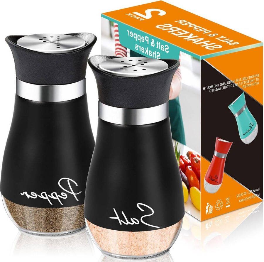 Zout- en peperstrooierset met glazen bodem 120 ml klein zoutvaatje met roestvrijstalen deksel peperstrooier kruidenstrooier voor keuken kooktafel camper camping BBQ navulbaar design (zwart) Zoutvaatje