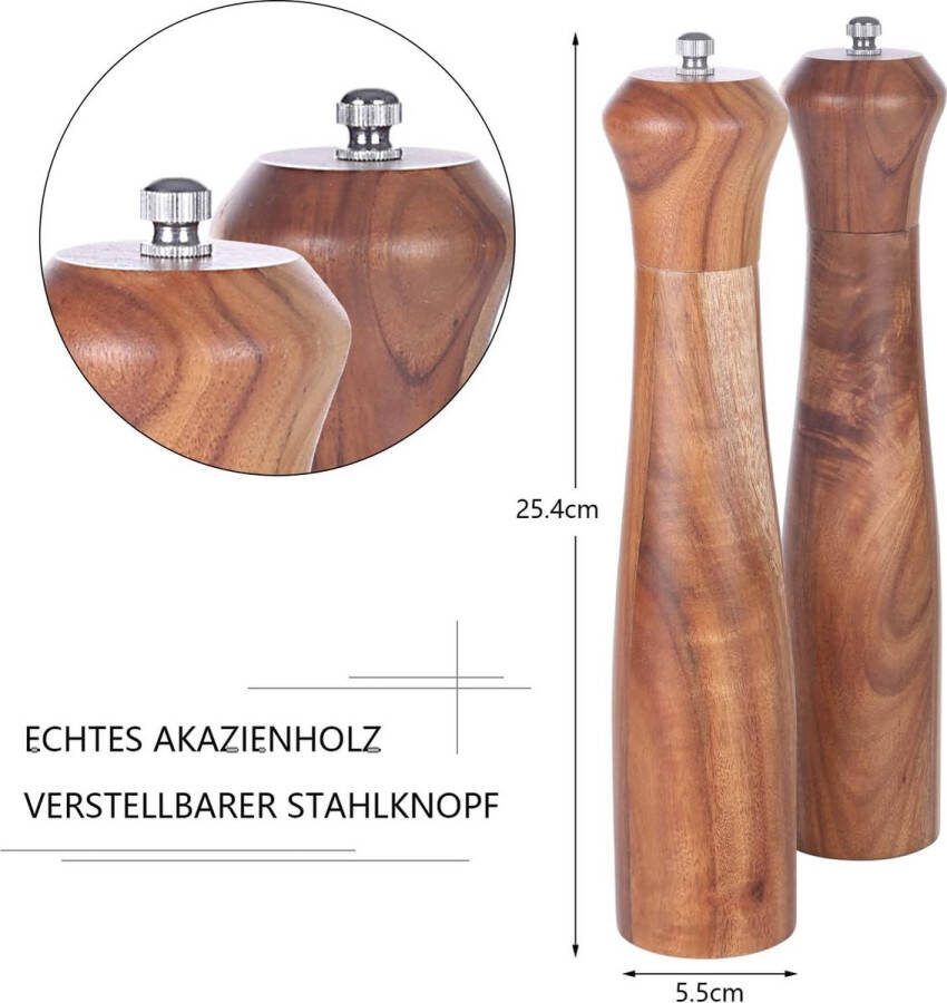 Zout-pepermolen Handmatige grof zout keramische molen Verstelbare kruidenmolens 20 cm Wooden grinder with a diameter