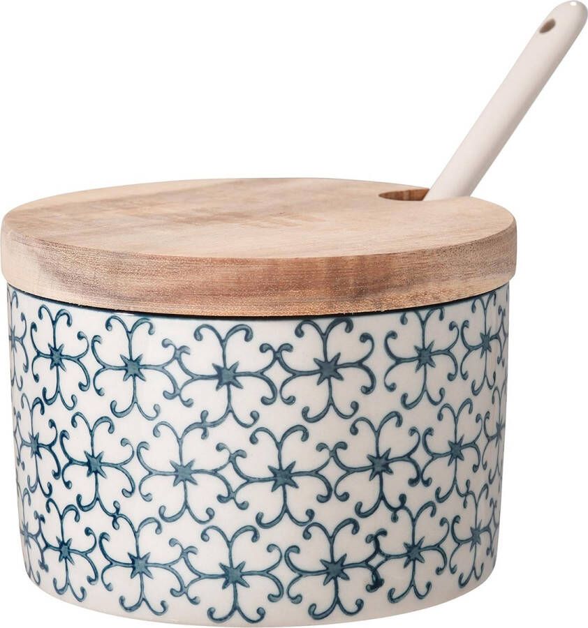 Zoutpot met deksel en lepel Kristina Retro steelpan vintage pot voor jam Ø 10 cm blauw keramiek binnenzijde ca. 250 ml